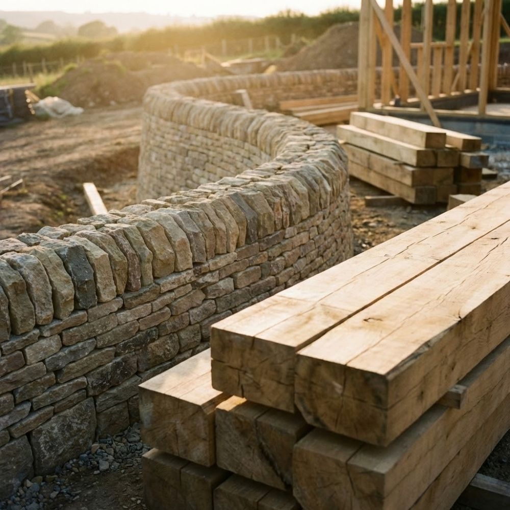 Mur pierre sèche courbe et poutres sur chantier au coucher du soleil.