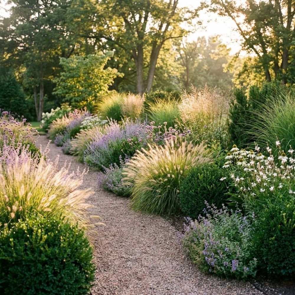 Photo paysage d'un massif de jardin professionnel au coucher de soleil, avec une allée de gravier sinueuse bordée de graminées lumineuses, de vivaces violettes et blanches, et d'arbustes.