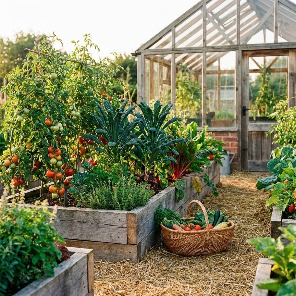 Potager biologique luxuriant avec serre, légumes mûrs et panier de récolte au coucher du soleil.