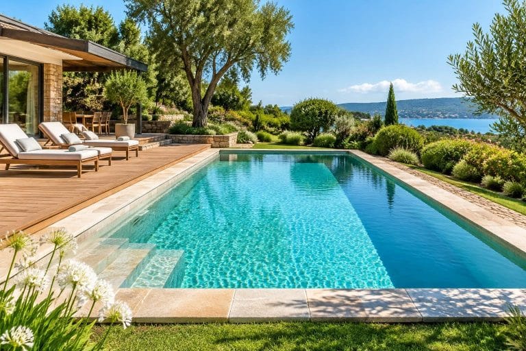 Piscine creusée moderne aux margelles en pierre naturelle et eau turquoise dans un jardin paysager ensoleillé.