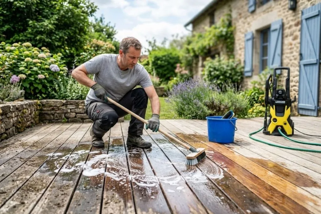 Terrasse bois : L’astuce à 6€ qui la nettoie sans frotter !