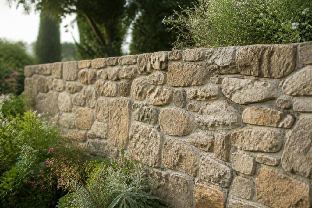 Mur en moellon de pierre apparente avec jointoiement soigné intégré dans un jardin verdoyant.
