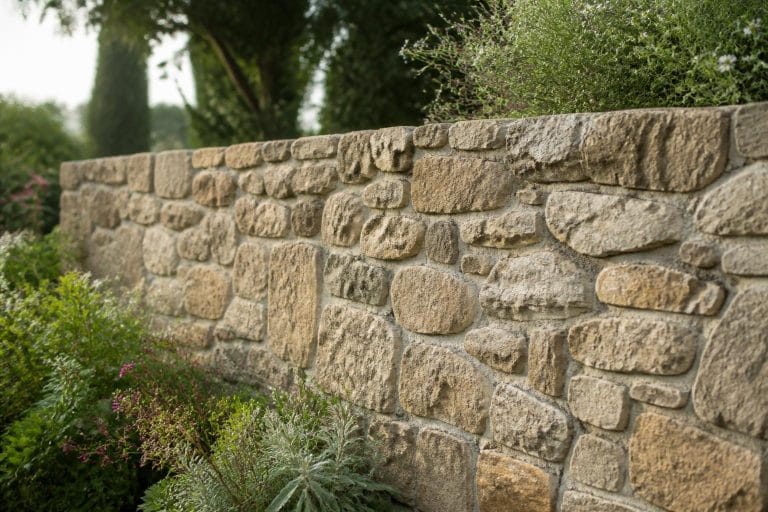 Mur en moellon de pierre apparente avec jointoiement soigné intégré dans un jardin verdoyant.