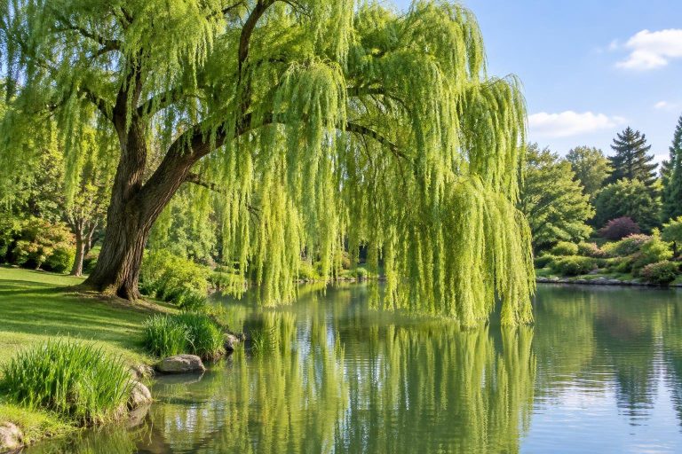 Saule pleureur majestueux aux branches retombantes planté au bord d'un étang calme sous un ciel ensoleillé.