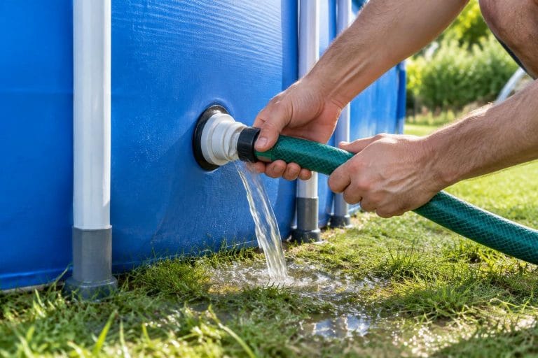 Mains connectant un tuyau d'arrosage à la vanne de vidange d'une piscine hors sol bleue pour l'évacuer.