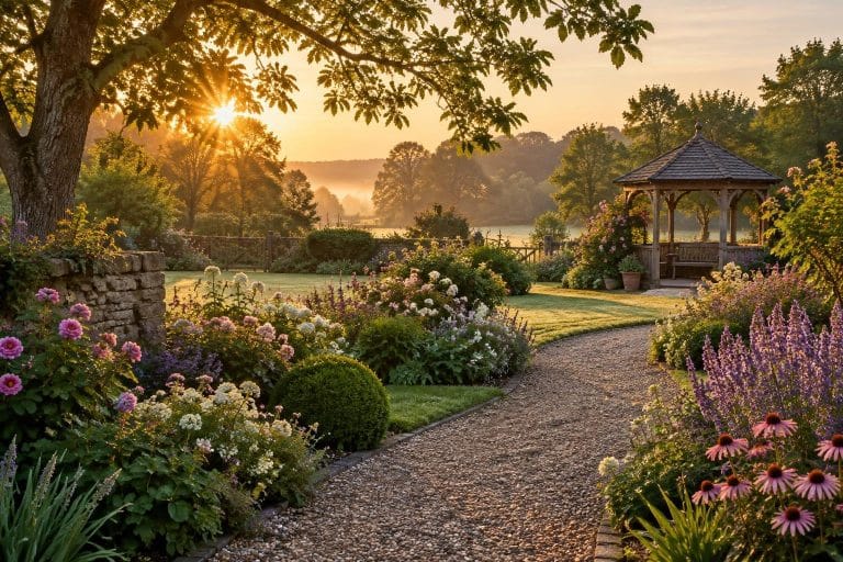 Allée de gravier sinueuse bordée de massifs de vivaces colorés menant à une gloriette en bois dans un jardin anglais romantique baigné de lumière matinale.