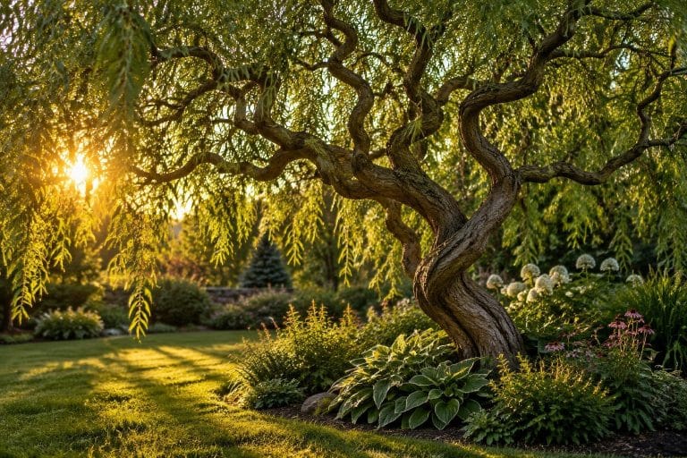 Saule tortueux isolé dans un jardin baigné de lumière dorée, mettant en valeur ses branches spiralées caractéristiques et son feuillage.