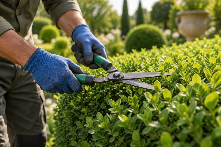 Gros plan cinématique sur les mains gantées d'un jardinier taillant une haie verte avec un sécateur dans un jardin ensoleillé.
